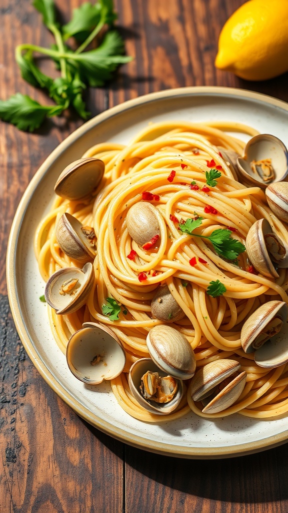 A bowl of clam uchiha pasta with clams, garlic, and parsley, served with a lemon wedge.
